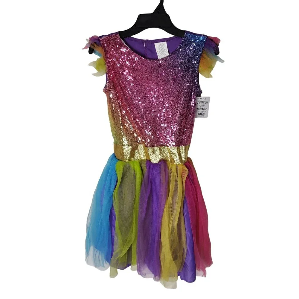 Girls L 10/12 Rainbow Unicorn Dress With Wings Halloween Costume